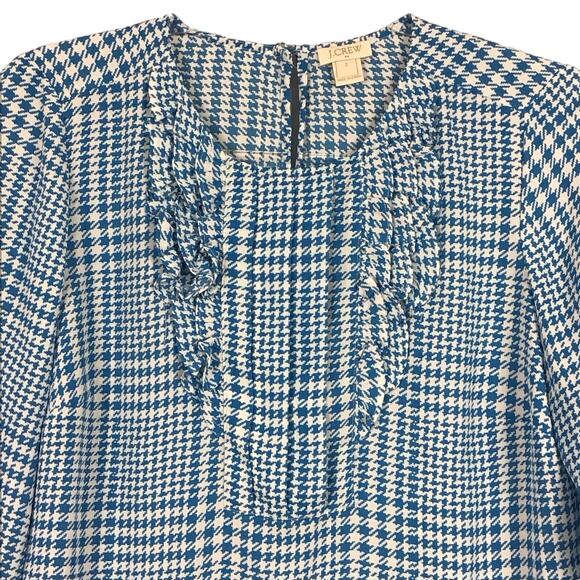 J CREW Houndstooth Plaid Ruffle Front Bib Shirt Top Teal  Blue White sz 2 - Picture 2 of 9